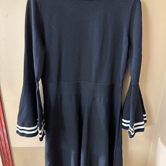 Eliza J Knit Dress / Size Large / Black Fit & Flare / White Trim Bell Sleeves - Picture 3 of 5